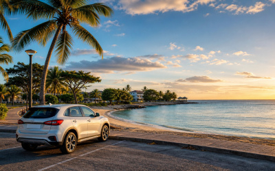Voiture de location près du bord de mer au Gosier en Guadeloupe.