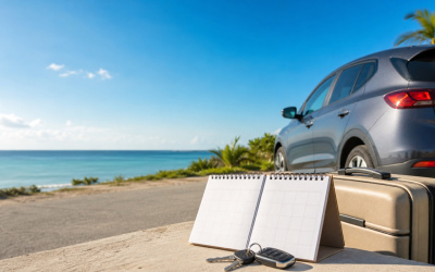 Calendrier de réservation, clés de voiture et valise avant un séjour en Guadeloupe.