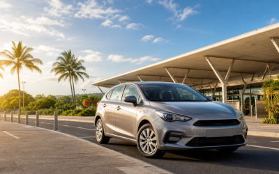 Voiture de location devant l’aéroport Pôle Caraïbes en Guadeloupe, sous les palmiers.