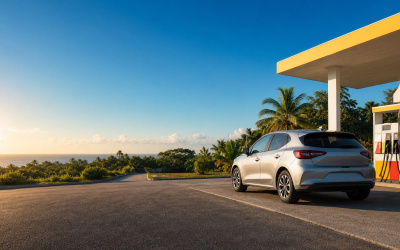 Voiture de location devant une station-service générique sur une route tropicale de Guadeloupe.