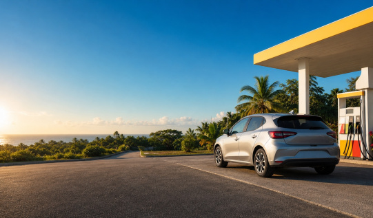 Voiture de location devant une station-service générique sur une route tropicale de Guadeloupe.