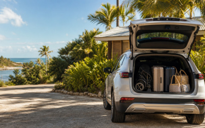 Coffre d’une voiture avec valises et poussette pour un séjour au Gosier.