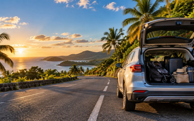 Voiture familiale chargée pour un premier trajet en Guadeloupe après un vol retardé.