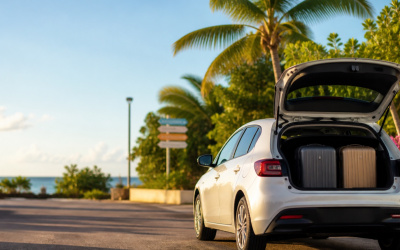 Voiture compacte avec valises, préparée pour un retour en Guadeloupe.